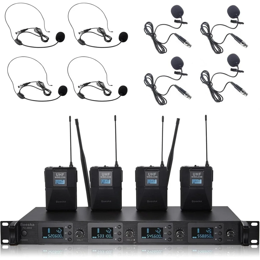 Boeska Wireless Microphone System 4‎ Channel UHF 4 Lavalier Lapel Headset